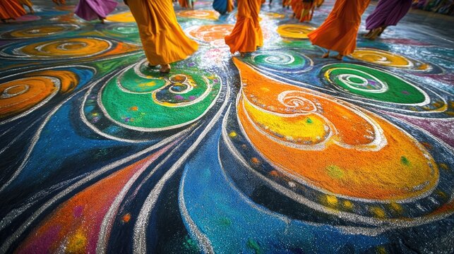Holi powder Rangoli spread beautifully on the floor, with swirling patterns that reflect the festive spirit and traditional elegance.
