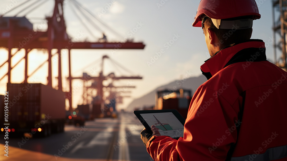 Aufkleber a cargo port worker using a digital tablet to monitor container loading, as massive cranes and truck