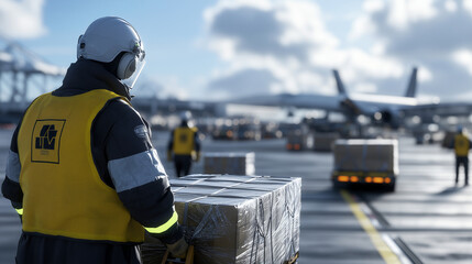 Airport workers in safety gear loading crates onto a cargo plane, with cargo trucks and forklifts moving goods around the runway in the background.