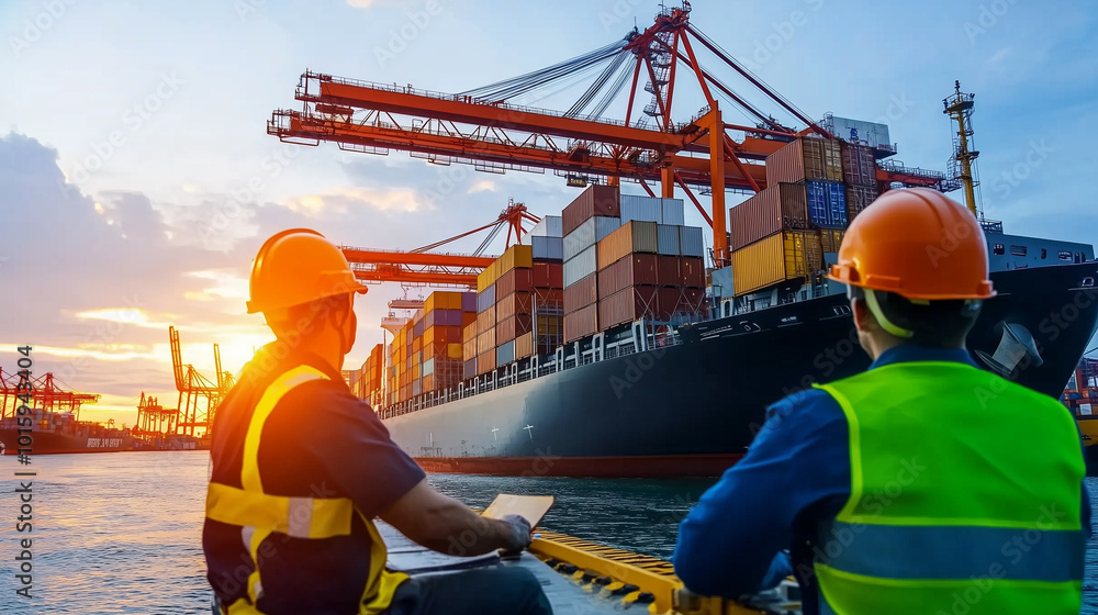 Aufkleber a bustling cargo port with massive cranes loading shipping containers onto a vessel, while workers i