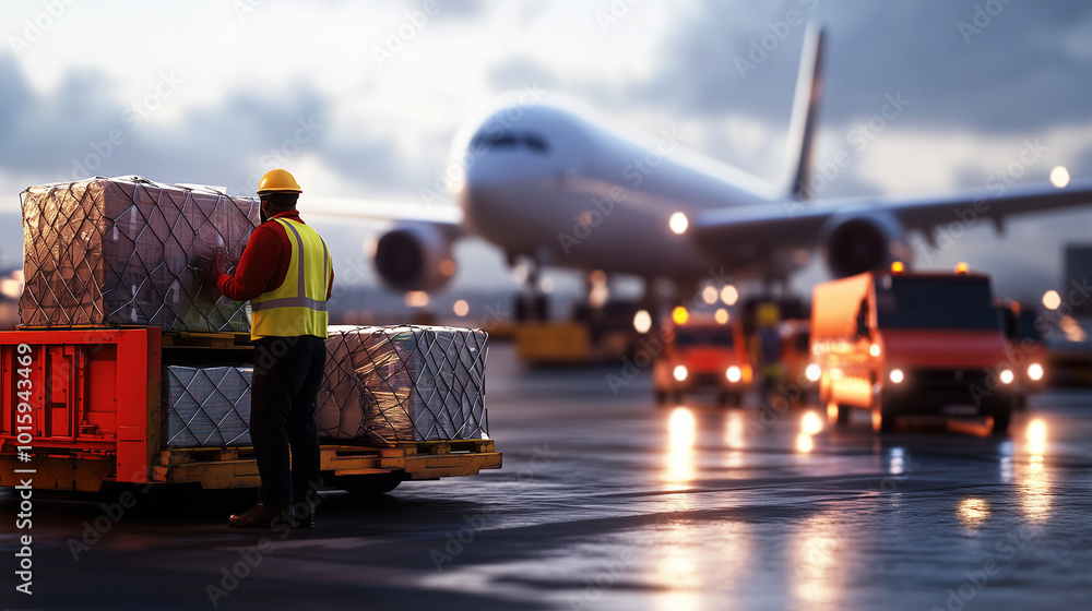 Poster airport workers in safety vests loading a large cargo plane with crates and pallets, while trucks de