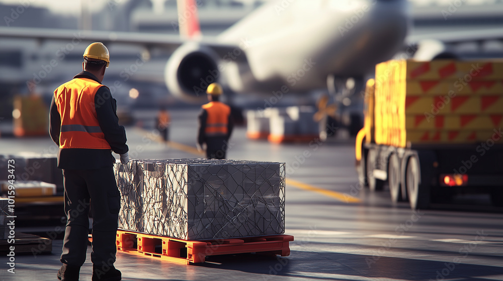 Poster airport workers in safety vests loading a large cargo plane with crates and pallets, while trucks de