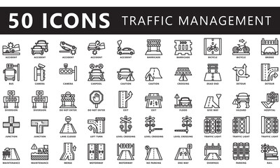 Traffic management black outline icons set. contain accident, barricade, road closing, junction, highway, traffic light and more. Vector EPS 10 for UI or UX kit, web and app, construction, environment