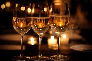 3 wine glasses with red wine in them. One is on the left and the other on the right. Couple celebration anniversary on Christmas, New year , Valentine day