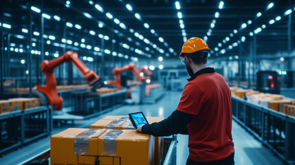 Inside a high-tech logistics warehouse, with robotic arms sorting packages and workers using digital devices to track shipments.