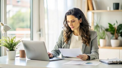 Documents, finance and woman with laptop in home office for debt budget, taxes and remote work. Freelance, accounting and female online for savings, review or analysis, development or business growth