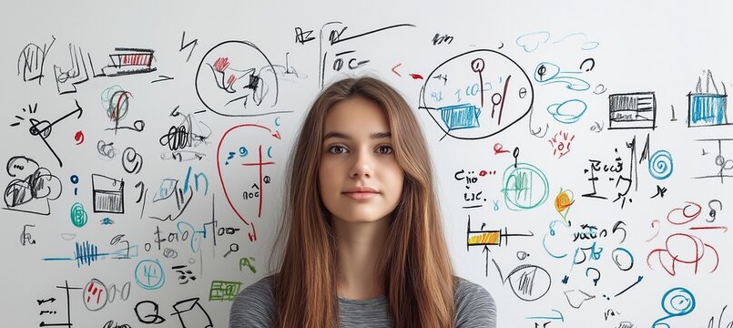 Girl is standing in front of a whiteboard with many drawings and equations. She is smiling. Curious Woman With Idea concept over a white background