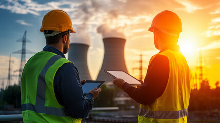 Power plant workers stand on the platform of a nuclear power plant, using tablets to monitor systems, with the cooling towers visible against a bright sunny backdrop.