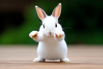 Rabbit in a white outfit is standing on a wooden floor. The rabbit is wearing a blue outfit and he is in a martial arts pose. kung fu rabbit