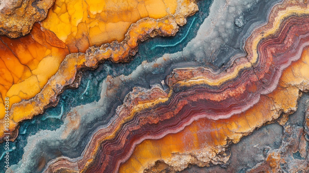 Poster close-up of colorful agate stone with wavy patterns and textures.