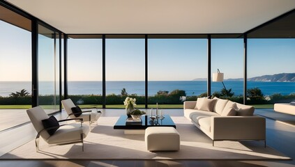 Fototapeta premium Elegant oceanfront living space with minimalist interior decor and large windows overlooking the sea. Sleek designer furniture and a panoramic view create a luxurious, serene ambiance.