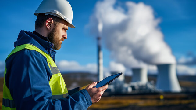 A technician at a geothermal power station reviewing energy production on a tablet, with large cooling towers and steam vents in the distance under a cloudless sky.