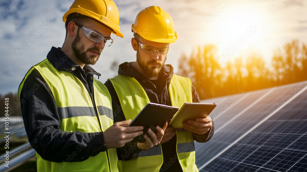 Poster a team of engineers at a solar farm checking real-time data on tablets, with the sun shining down on