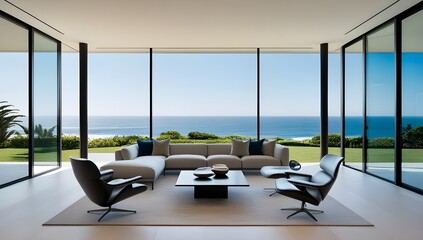 Fototapeta premium Contemporary oceanfront property with a luxurious living room. Minimalist furniture, clean lines, and large windows provide a breathtaking panoramic view of the sea. A true modern architectural gem.