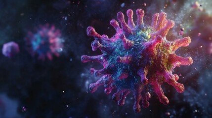 Obraz premium Depict a close-up view of a virus particle, showcasing its intricate structure with vibrant colors and sharp details, set against a dark, ominous background to emphasize the microscopic threat 