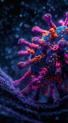"Depict a close-up view of a virus particle, showcasing its intricate structure with vibrant colors and sharp details, set against a dark, ominous background to emphasize the microscopic threat 