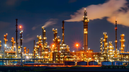 Fototapeta premium An expansive oil refinery complex at night, glowing with intense industrial lights against a dark sky, with columns of metal pipes and storage tanks producing thick clouds of vapor