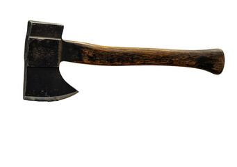 Old axe with wooden handle, in a tree stump, isolated backdrop.