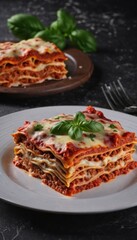 lasagna on plate  decorated with basil. phone wallpaper vertical image.close up view.  ai generated