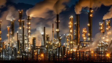 Fototapeta premium An expansive oil refinery complex at night, glowing with intense industrial lights against a dark sky, with columns of metal pipes and storage tanks producing thick clouds of vapor