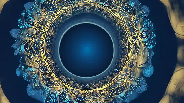 A blue and gold circular design with intricate details