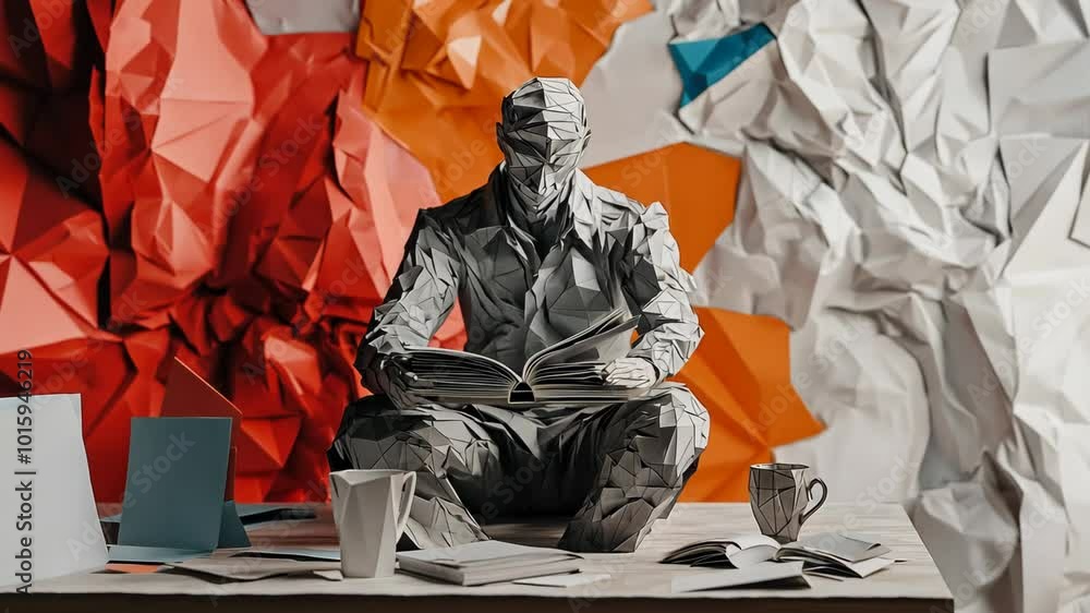 Poster a paper figure sits on a table and reads a book in front of a colorful, crumpled paper background