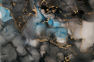 Soft waves of translucent color meet shimmering gold accents in abstract art, fluid shapes create a dynamic landscape. The liquid ink technique create depth and movement, both spontaneous and refined