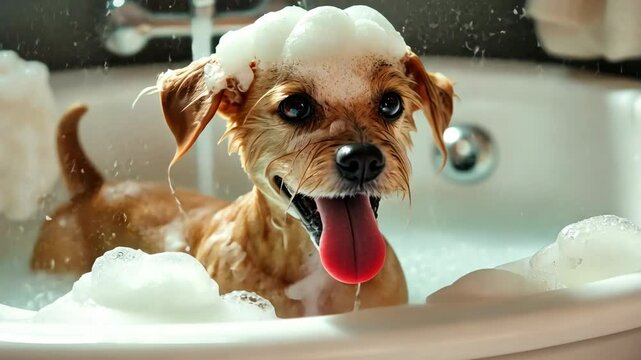 A small dog is in a bathtub with bubbles