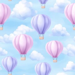 Seamless pattern of pink and purple hot air balloons floating among clouds on a bright blue sky background
