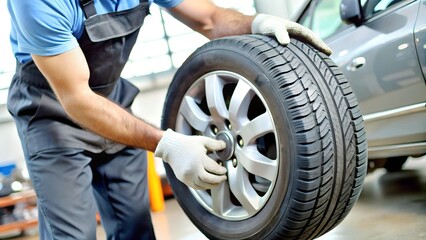 Obraz premium Mechanic Installing Car Wheel in Auto Repair Shop