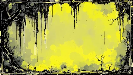 Wandcirkels Geel A surreal, dystopian landscape with a yellow background, featuring dark, twisted trees and dripping black elements, creating a haunting and eerie atmosphere  © Ruslan Abdullin