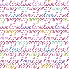 The word love handwritten multicolored text. Seamless pattern hand-drawn with watercolors on a white background. For design, advertising, postcards, logo, souvenirs, printing