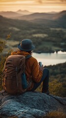 A hiker in an orange jacket and hat takes a break on a rock, enjoying a scenic view of a picturesque lake and mountainous landscape as the sun sets