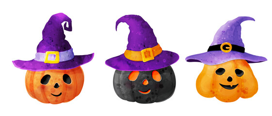  Jack's Lantern with witch's hat. Set of cute vector watercolor illustrations for the design of cards, posters for Halloween day