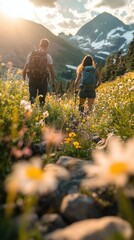 As the sun sets behind majestic peaks, a couple hikes along a trail filled with colorful wildflowers, enjoying the beauty of nature together