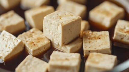 Organic tofu cubes served with soy sauce and spices, emphasizing its versatility as a healthy meal ingredient.