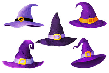 Set of witch hats. Vector watercolor illustration