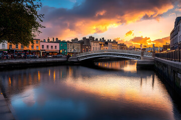 Ha'penny Bridge is over river Liffey in sunset, Dublin, Ireland