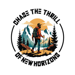 mountain outdoors vector illustration, Chase the thrill of new horizons, outdoors t shirt design. Adventure vector artwork print design for t shirt and others