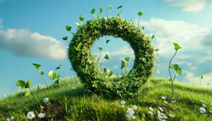 A green circle made of grass and plants, with small white flowers in the foreground and a blue sky with clouds in the background.
