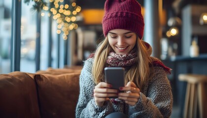 Young Woman in a Red Beanie Using a Smartphone in a Cafe