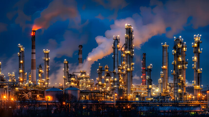 An expansive oil refinery complex at night, glowing with intense industrial lights against a dark sky, with columns of metal pipes and storage tanks producing thick clouds of vapor