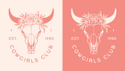 Cowgirl club pink country girl floral cow skull badge shirt design. Retro vintage wild west coastal preppy cowgirls romance aesthetic printable birthday bachelorette party besties squad cut file.