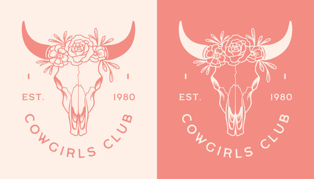Cowgirl club pink country girl floral cow skull badge shirt design. Retro vintage wild west coastal preppy cowgirls romance aesthetic printable birthday bachelorette party besties squad cut file.