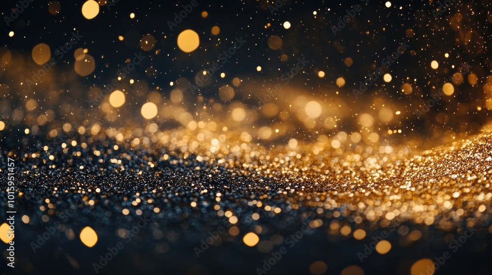 Poster shining gold glitter floating on a dark background, creating a mesmerizing and elegant visual for gl