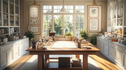 A luxurious craft room featuring a large central worktable with ample art supplies