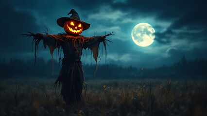 A spooky scarecrow with a glowing jack-o'-lantern head stands in a field under a full moon