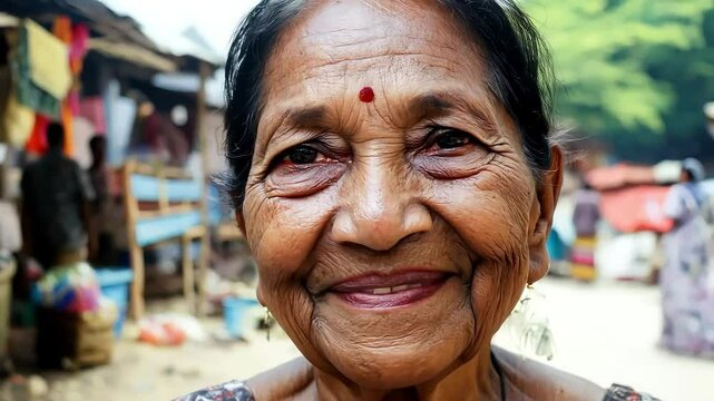 Elderly indian woman with a kind smile stands in a bustling market, wearing old, dirty clothes, looking at the camera
