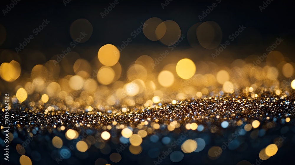 Poster shining gold glitter floating on a dark background, creating a mesmerizing and elegant visual for gl