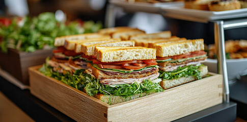 Corporate event morning tea food platters featuring self serve sandwiches salad and bread displayed